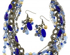 Sparkling Multi-strand Blue Bead Necklace and Earrings